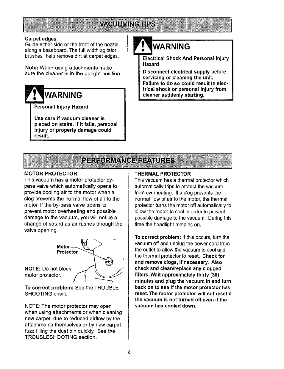 Vacuuming tips, Carpet edges, Vwvrning | Personal injury hazard, Warning, Electrical shock and personal injury hazard, Performance features, Motor protector, Thermal protector | Kenmore ASPIRADORA 116.34722 User Manual | Page 8 / 19