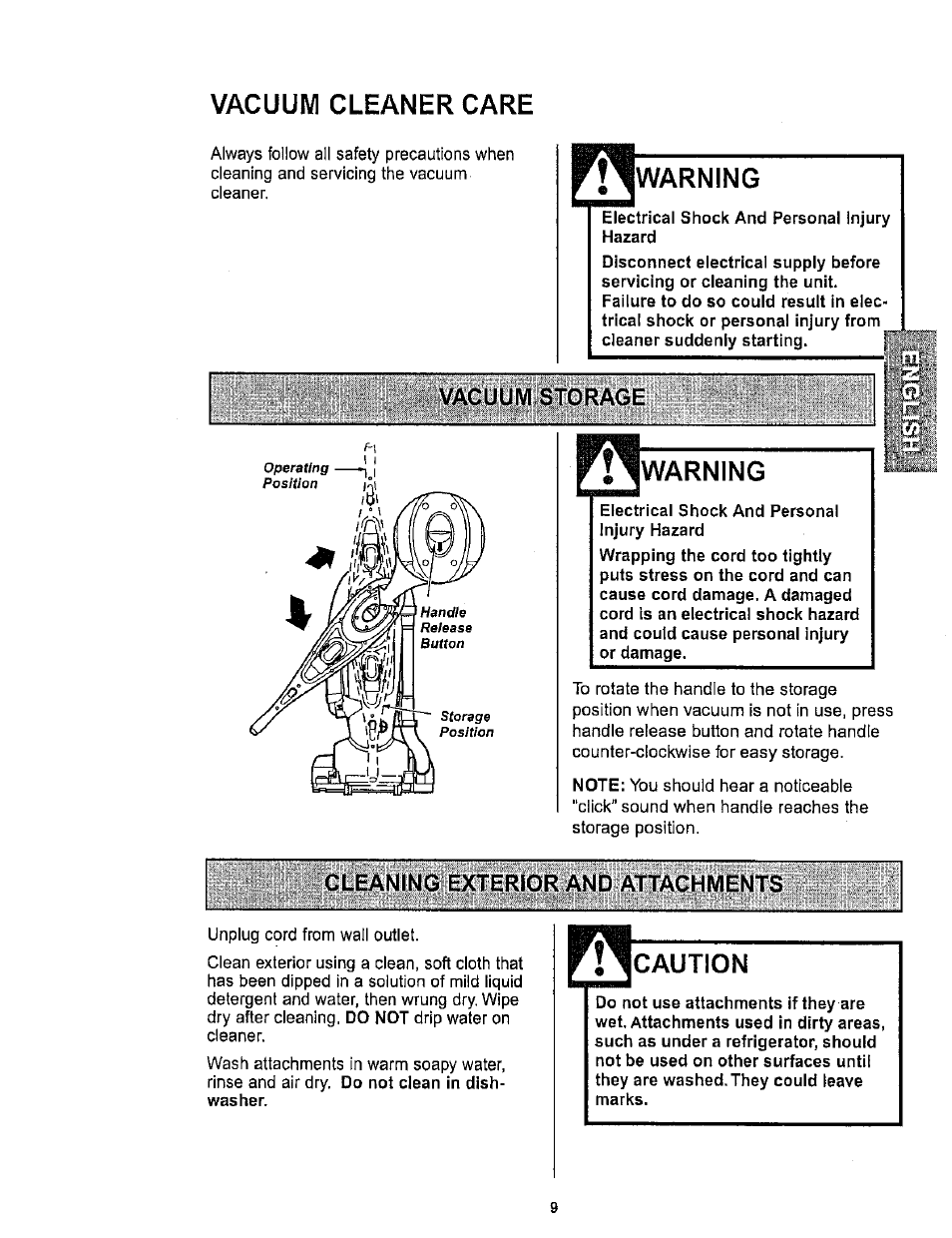 Vacuum cleaner care, Vw\rning, Cleaning exterior and attachments | Caution, Warning | Kenmore ASPIRADORA 116.34722 User Manual | Page 9 / 19