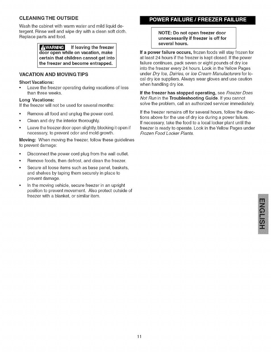 Short vacations, Power failure/freezer failure | Kenmore 25328452805 User Manual | Page 11 / 13