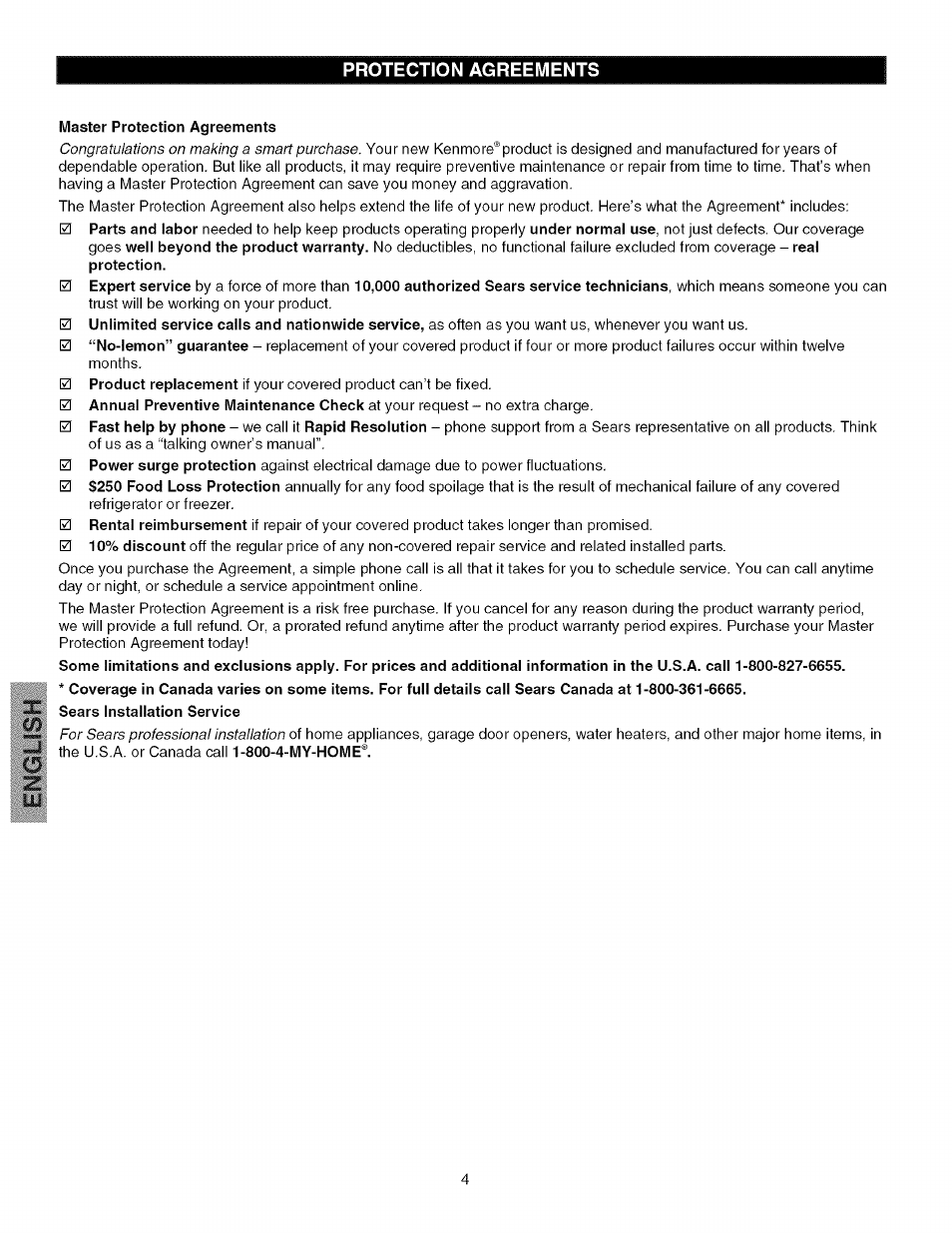 Protection agreements, Master protection agreements, Sears installation service | Protection agreements x | Kenmore 25328452805 User Manual | Page 4 / 13