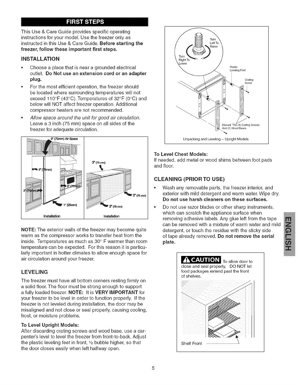 First steps, To level upright models, To level chest models | First steps -6 | Kenmore 25328452805 User Manual | Page 5 / 13