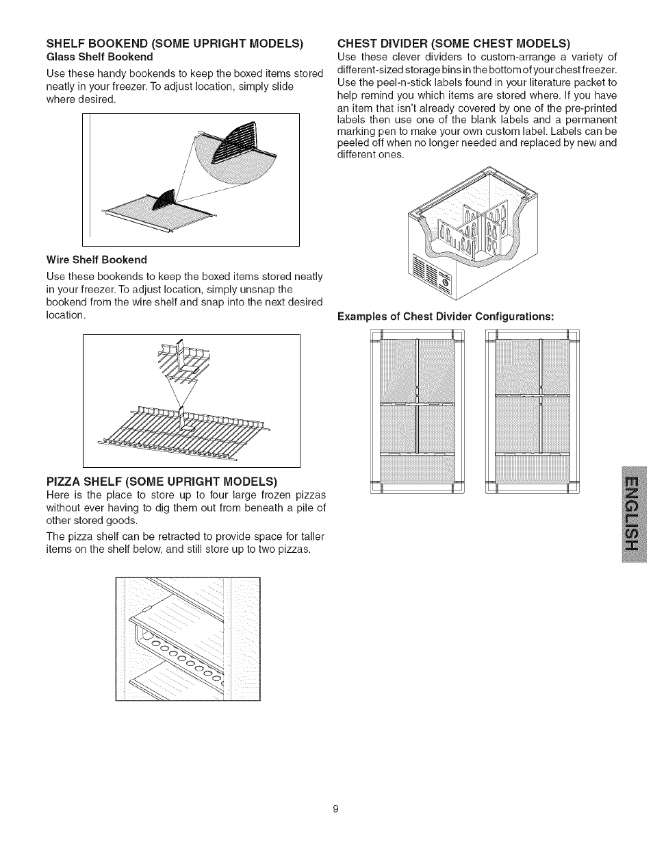 Wire shelf bookend, Examples of chest divider configurations | Kenmore 25328452805 User Manual | Page 9 / 13