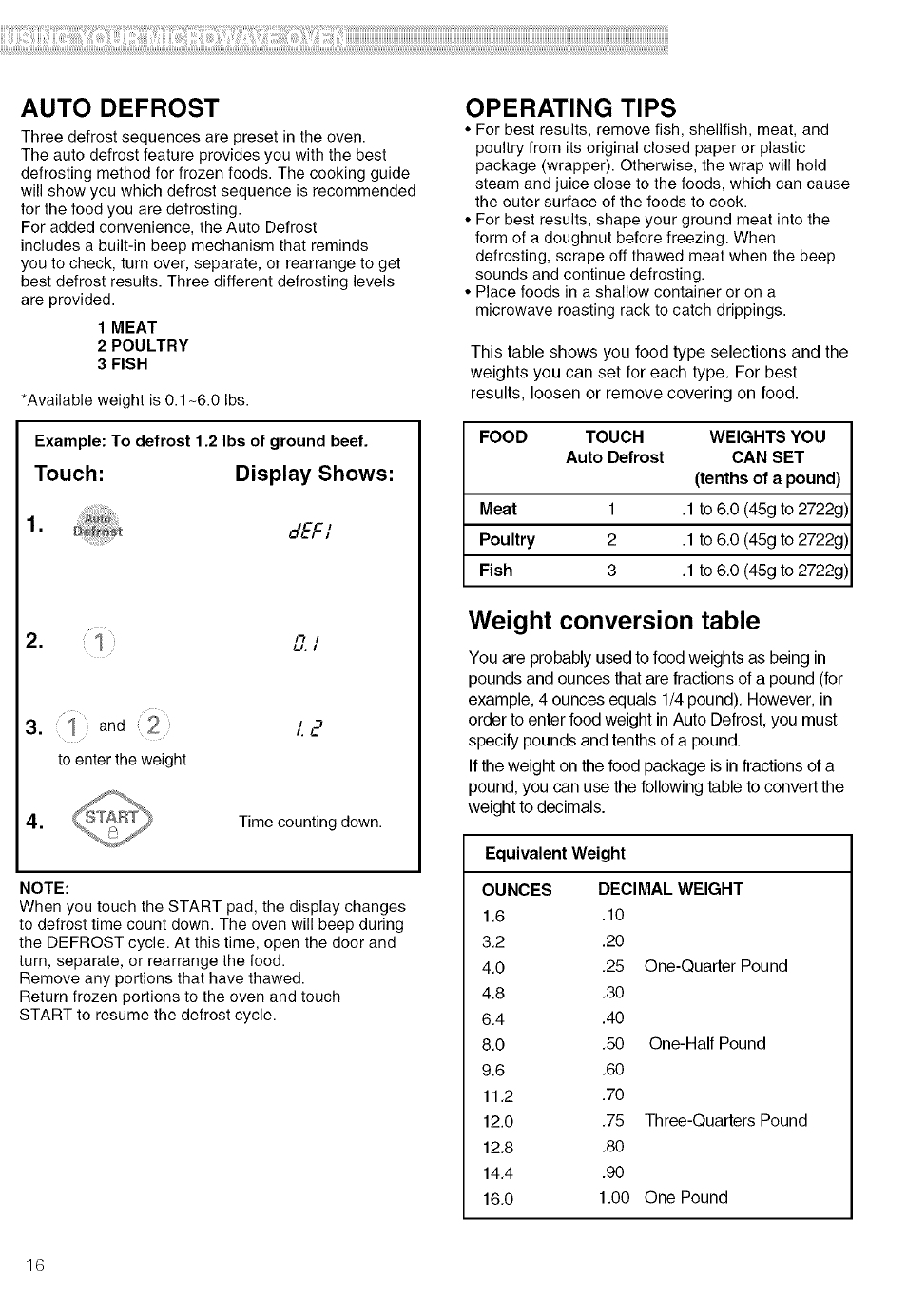 Operating tips, Weight conversion table, Defl | Auto defrost, Touch: display shows: 1, 4_ ^tar | Kenmore 721.80019 User Manual | Page 16 / 32