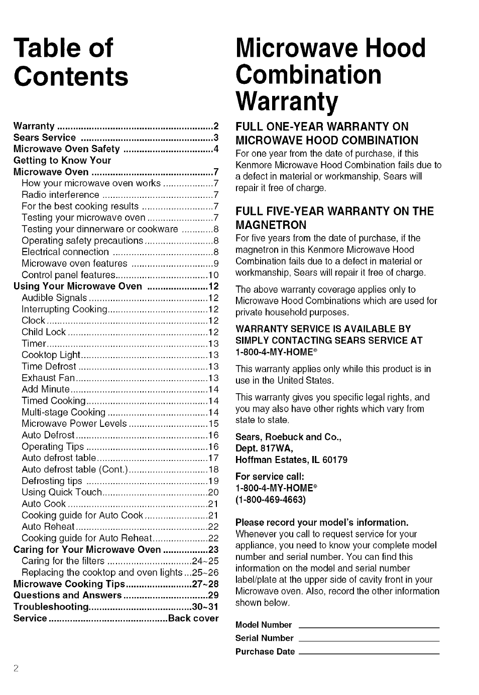 Microwave hood, Combination, Warranty | Kenmore 721.80019 User Manual | Page 2 / 32