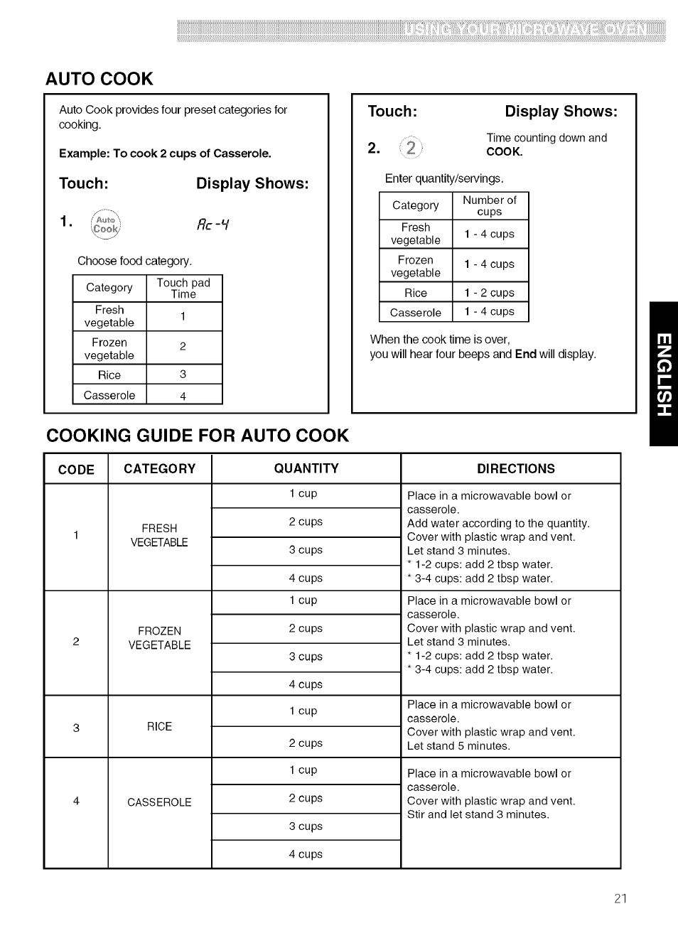 Touch: display shows, Touch, Display shows | Cooking guide for auto cook, Auto cook, Code category quantity directions | Kenmore 721.80019 User Manual | Page 21 / 32