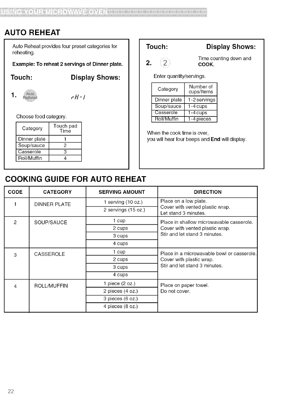 Touch: display shows, Touch, Display shows | Cooking guide for auto reheat, Auto reheat | Kenmore 721.80019 User Manual | Page 22 / 32