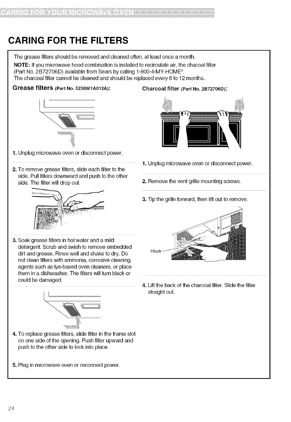 Caring for the filters, Grease filters | Kenmore 721.80019 User Manual | Page 24 / 32