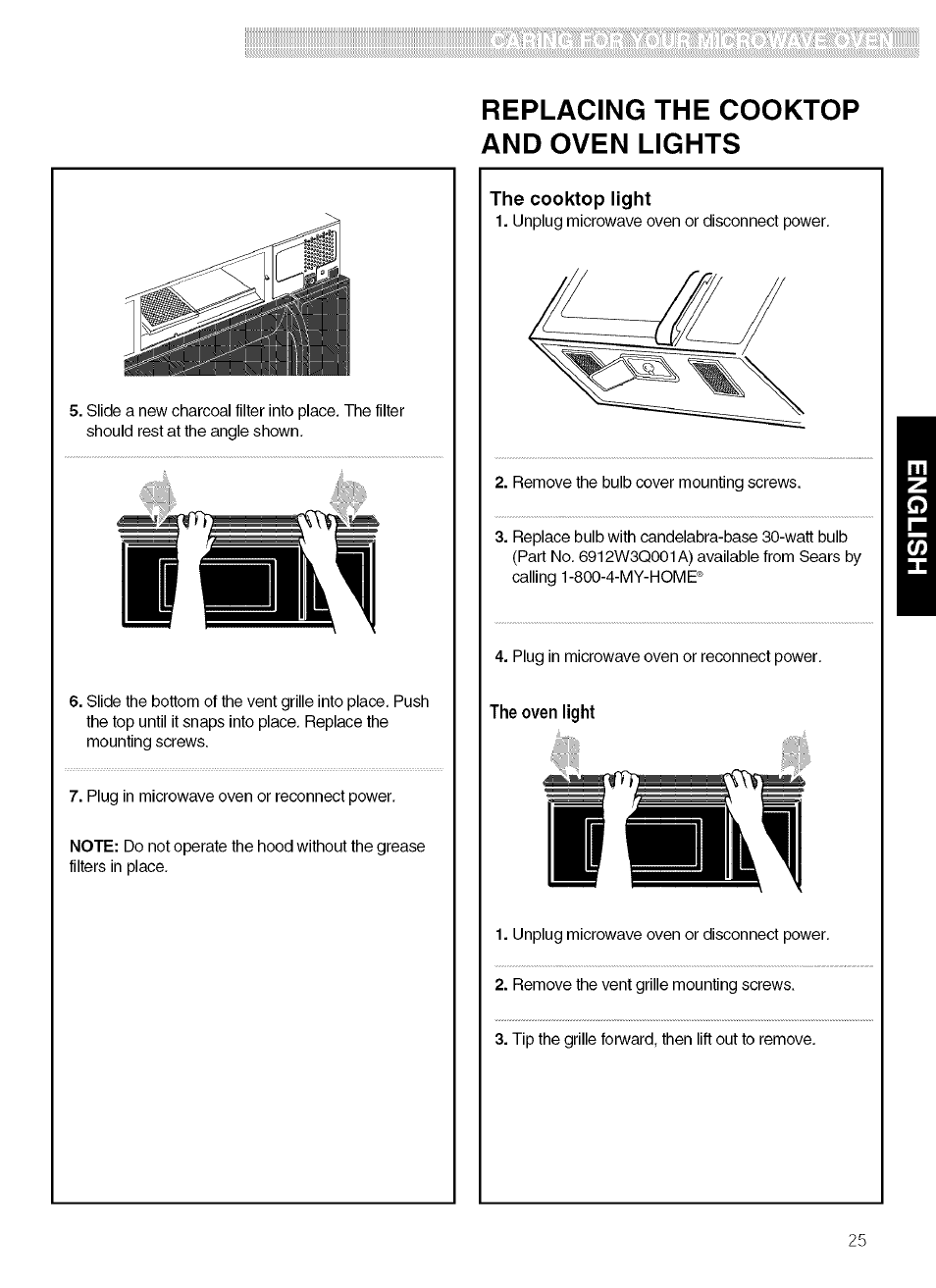 Replacing the cooktop and oven lights, The cooktop light, The oven light | Kenmore 721.80019 User Manual | Page 25 / 32