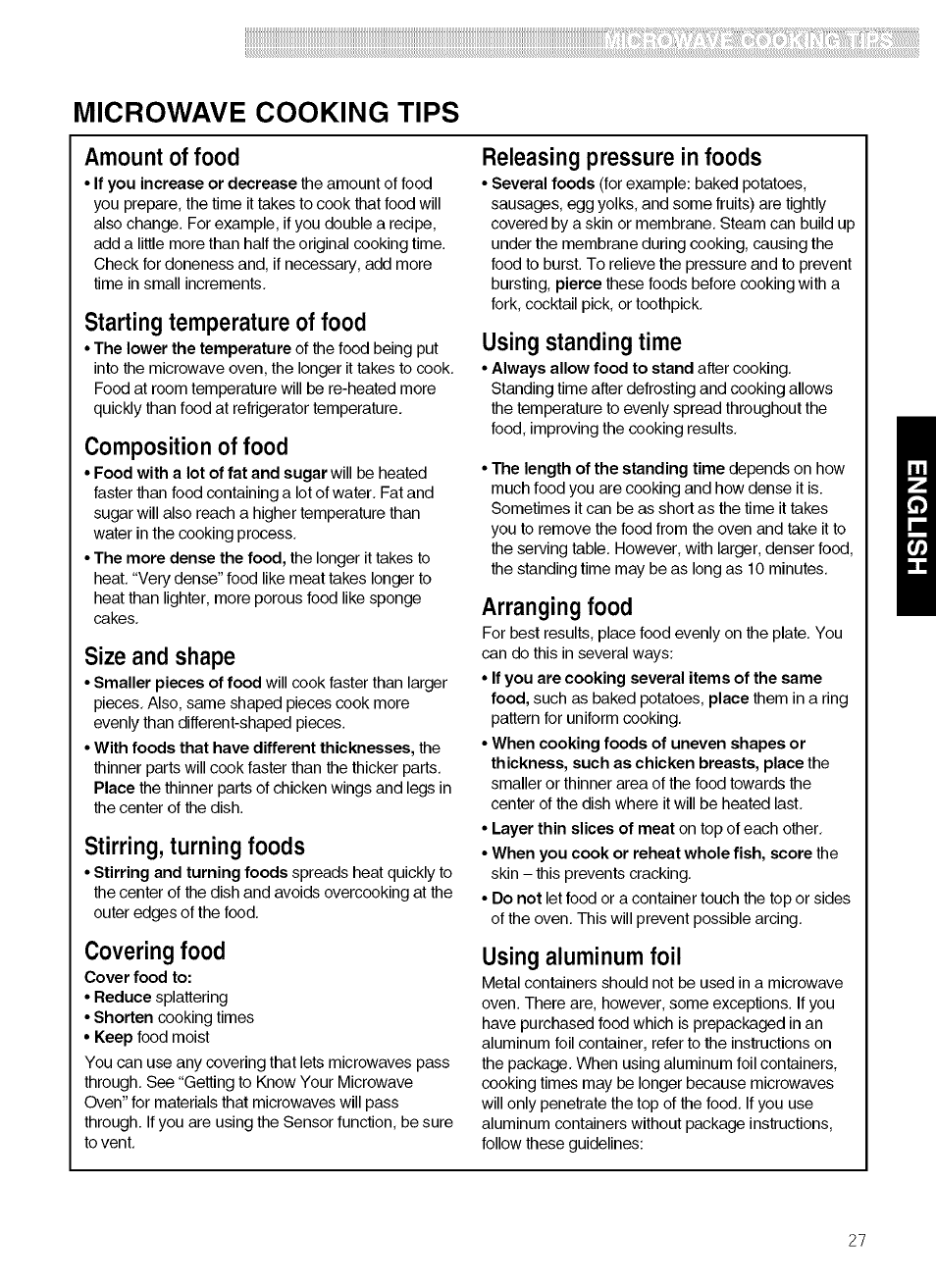 Microwave cooking tips, Amount of food, Starting temperature of food | Composition of food, Size and shape, Stirring, turning foods, Covering food, Releasing pressure in foods, Using standing time, Arranging food | Kenmore 721.80019 User Manual | Page 27 / 32