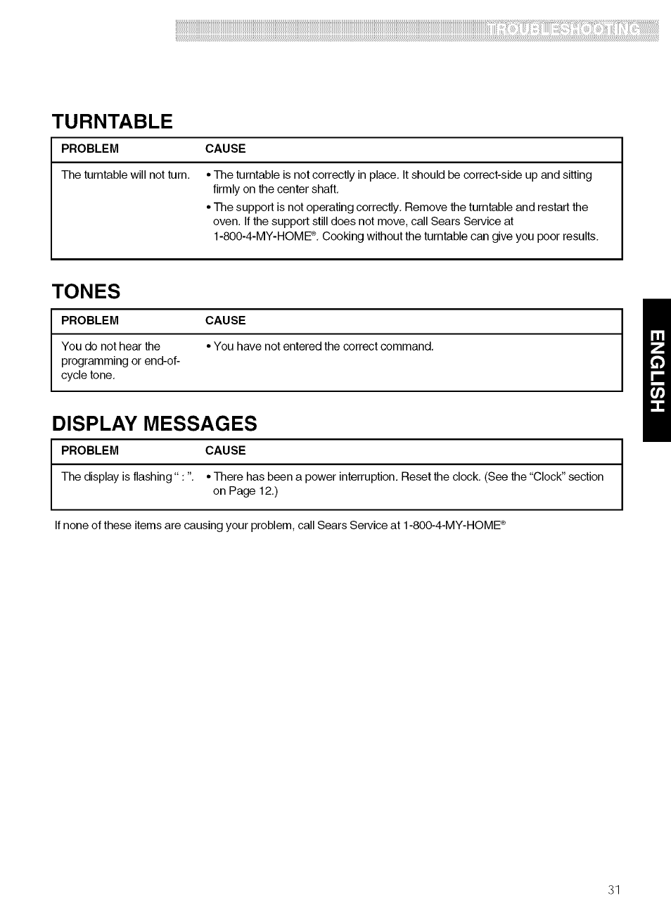 Turntable, Tones, Display messages | Kenmore 721.80019 User Manual | Page 31 / 32