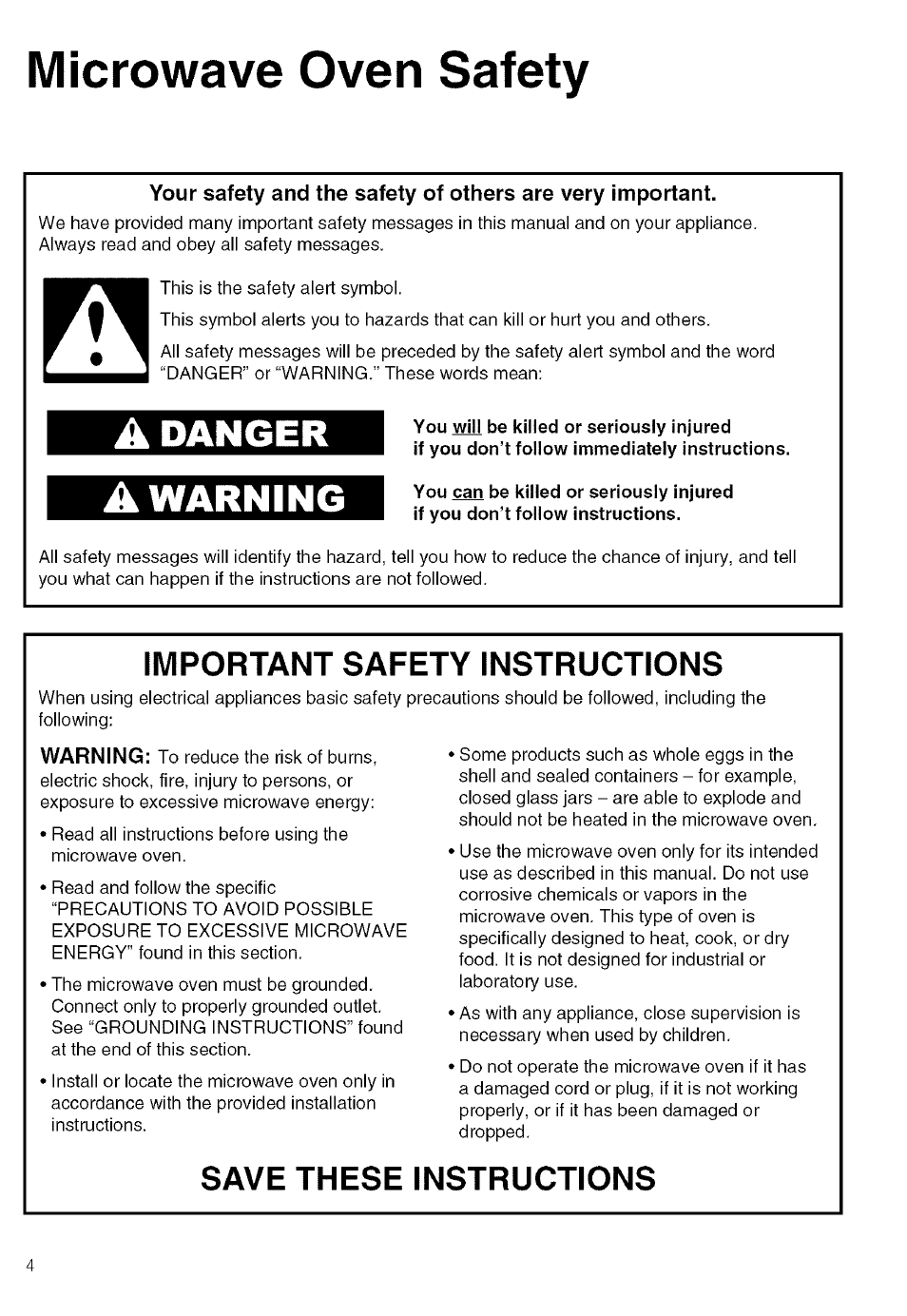 Microwave oven safety, Important safety instructions, Save these instructions | Danoer a warning | Kenmore 721.80019 User Manual | Page 4 / 32