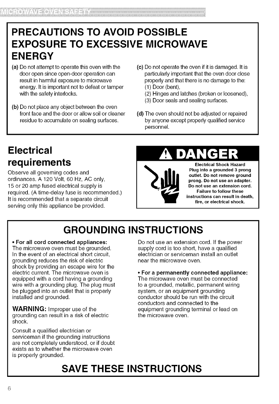 Electrical recju i re merits, Danger, Grounding instructions | Save these instructions | Kenmore 721.80019 User Manual | Page 6 / 32