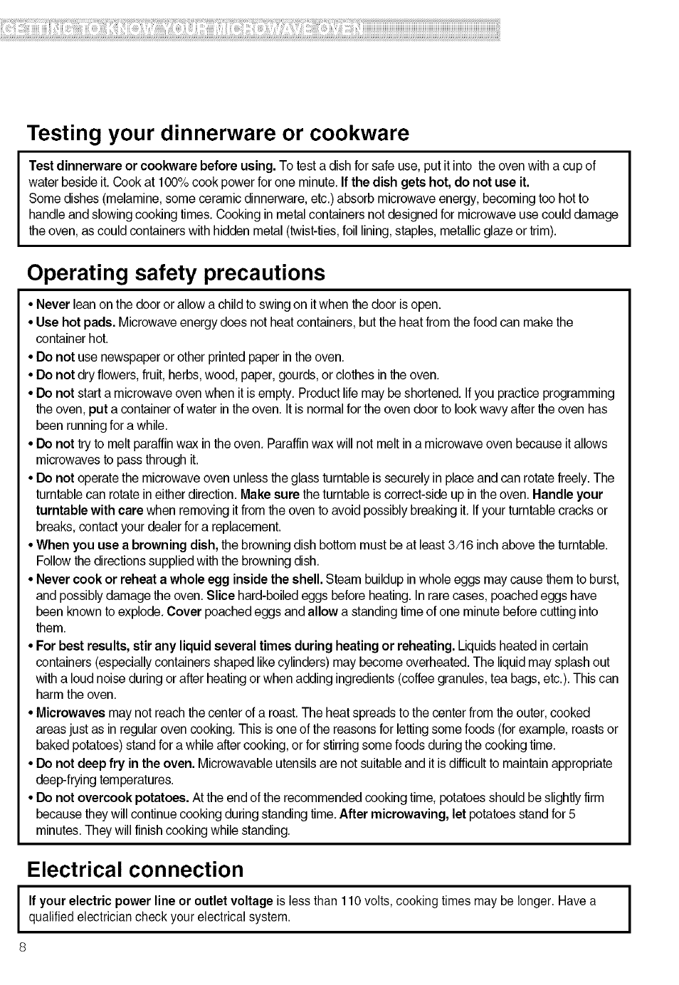 Testing your dinnerware or cookware, Operating safety precautions, Electrical connection | Kenmore 721.80019 User Manual | Page 8 / 32