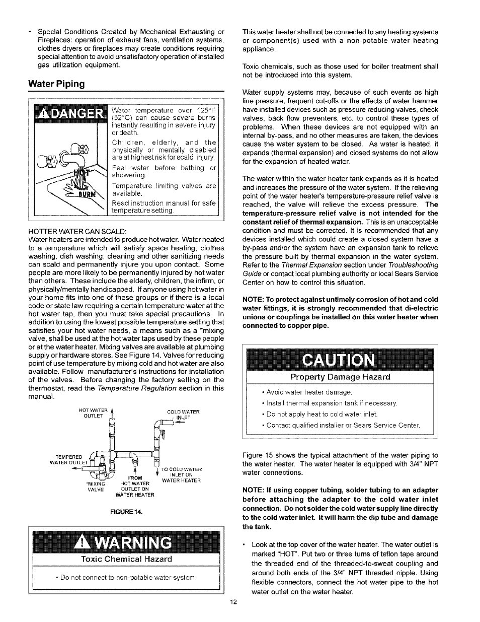 Water piping, Warning, Caution | Adanger | Kenmore POWER MISER 153.33926 User Manual | Page 12 / 32