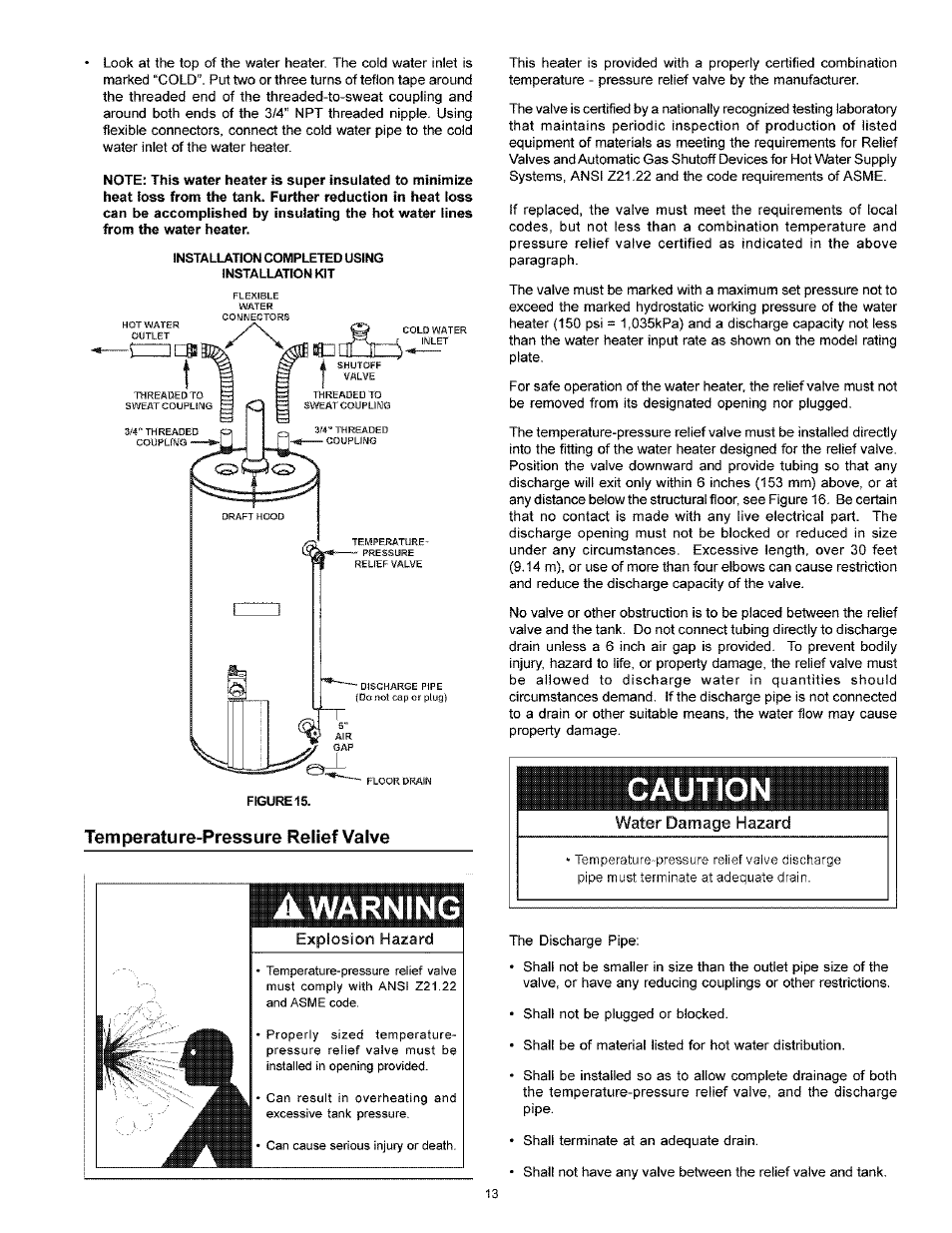 Temperature-pressure relief valve, Caution, Warning | Kenmore POWER MISER 153.33926 User Manual | Page 13 / 32