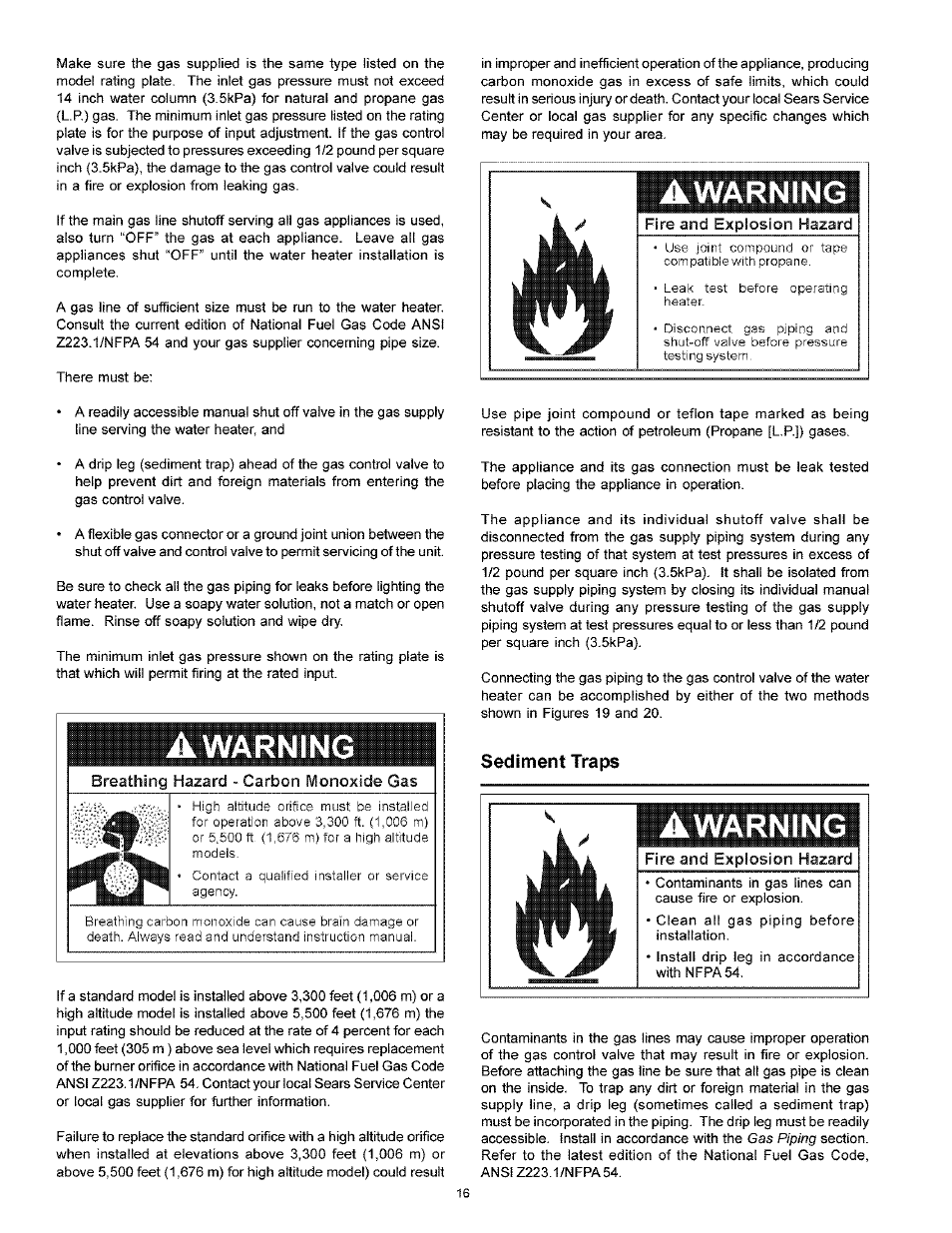 Awarning, Sediment traps | Kenmore POWER MISER 153.33926 User Manual | Page 16 / 32