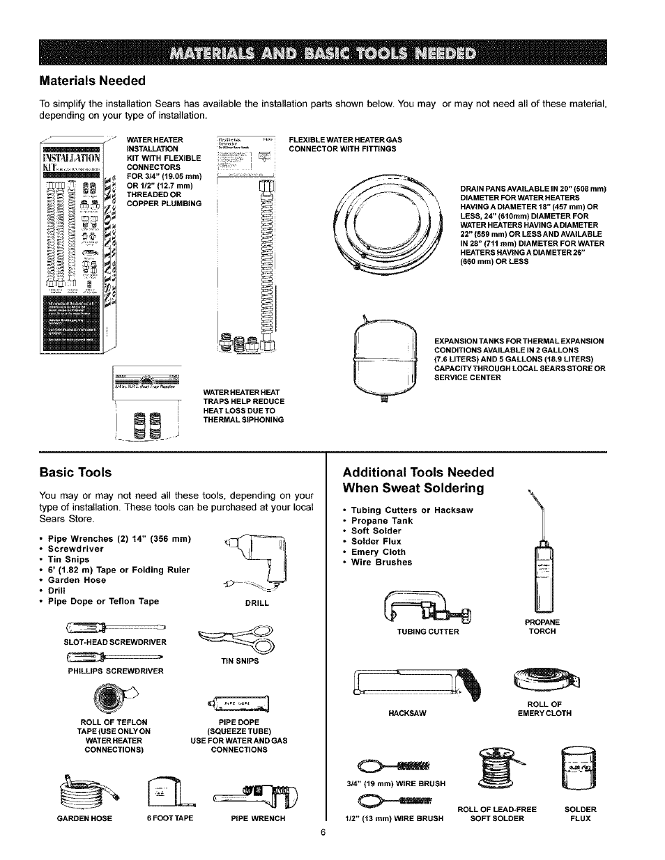 Materials needed, Basic tools, Additional toots needed when sweat soldering | Kenmore POWER MISER 153.33926 User Manual | Page 6 / 32