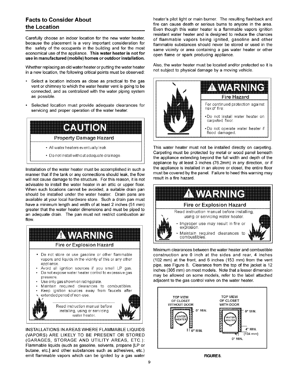 Facts to consider about the location, Caution, A warning | Awarning, Fire or explosion hazard, Warning | Kenmore POWER MISER 153.33926 User Manual | Page 9 / 32
