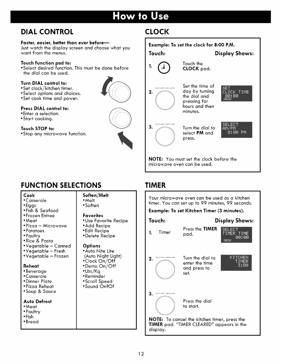 Dial control, Clock, Touch | Display shows, Function selections, Timer, Dial control 2 function selections 2 clock 2, Timer 2, How to use, Function selections timer | Kenmore ELITE 721.86003 User Manual | Page 12 / 33