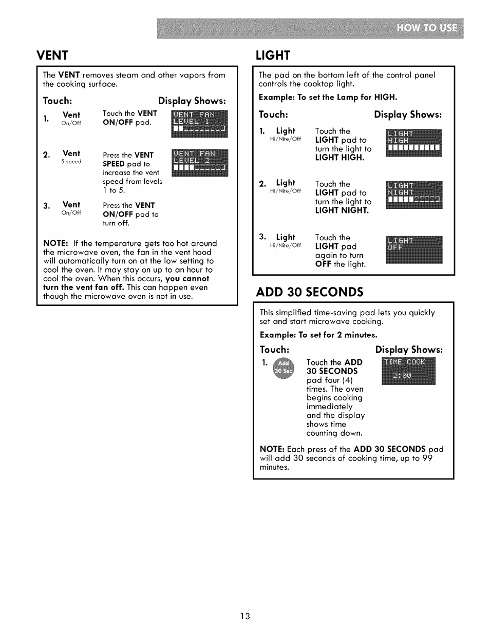 Touch, Display shows, Vent | Light, Add 30 seconds | Kenmore ELITE 721.86003 User Manual | Page 13 / 33