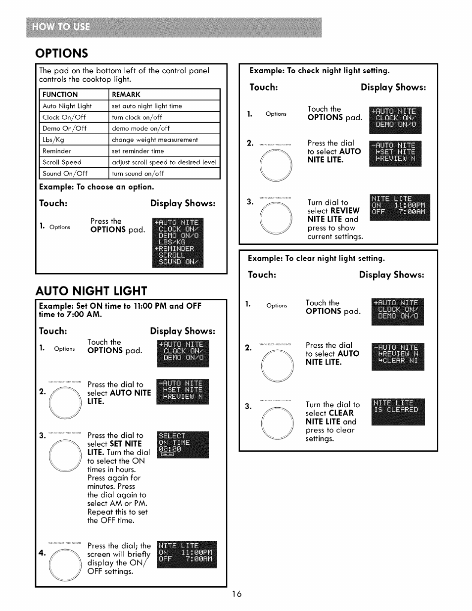 Options, Example: to choose an option, Touch | Display shows, Auto night light, Example: to check night light setting, Touch: display shows, Example: to clear night light setting, Options 6 | Kenmore ELITE 721.86003 User Manual | Page 16 / 33