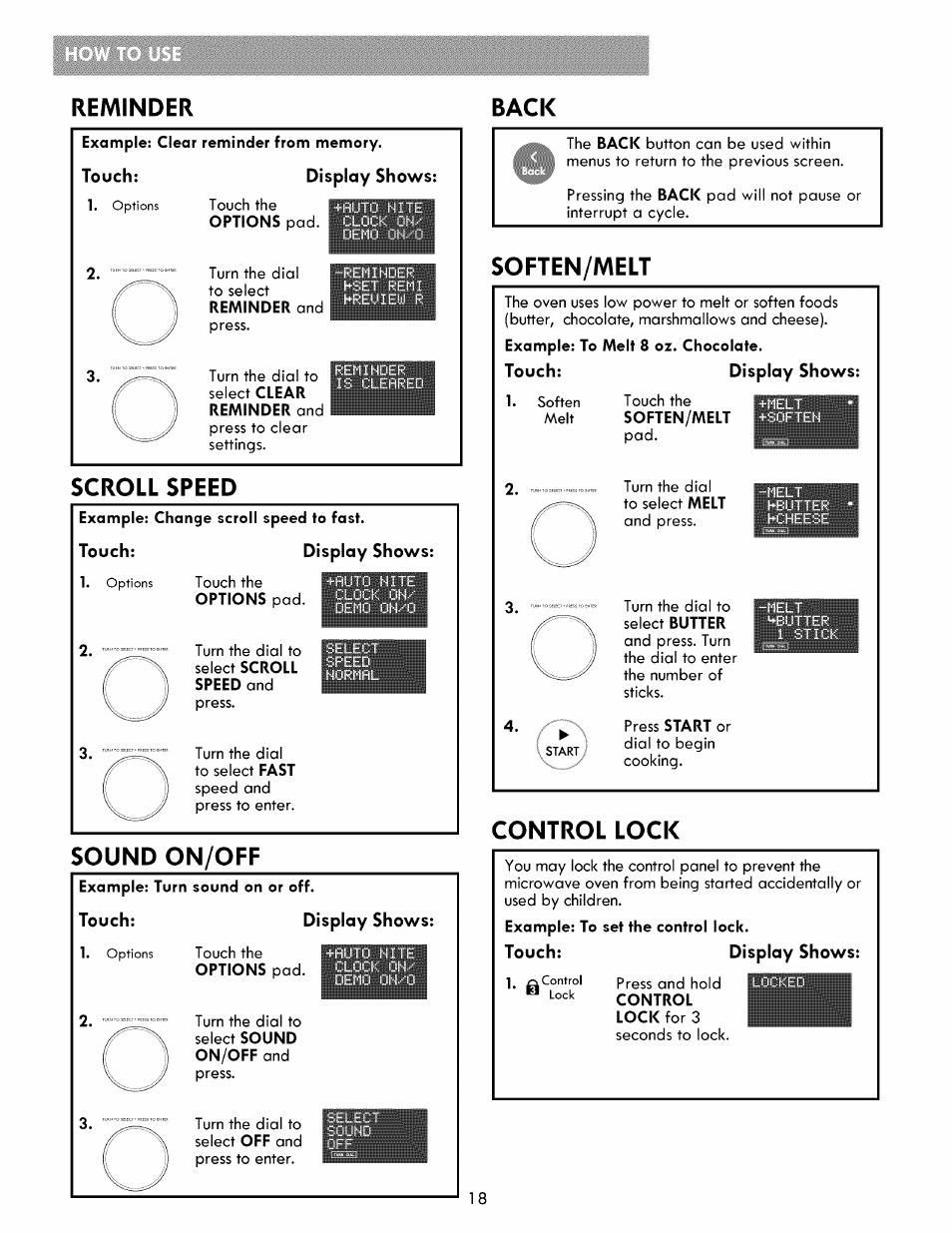 Example: clear reminder from memory, Touch, Display shows | Example: change scroll speed to fast, Example: turn sound on or off, Example: to melt 8 oz. chocolate, Soften/melt, Example: to set the control lock, Soften/melt 8, Scroll speed | Kenmore ELITE 721.86003 User Manual | Page 18 / 33