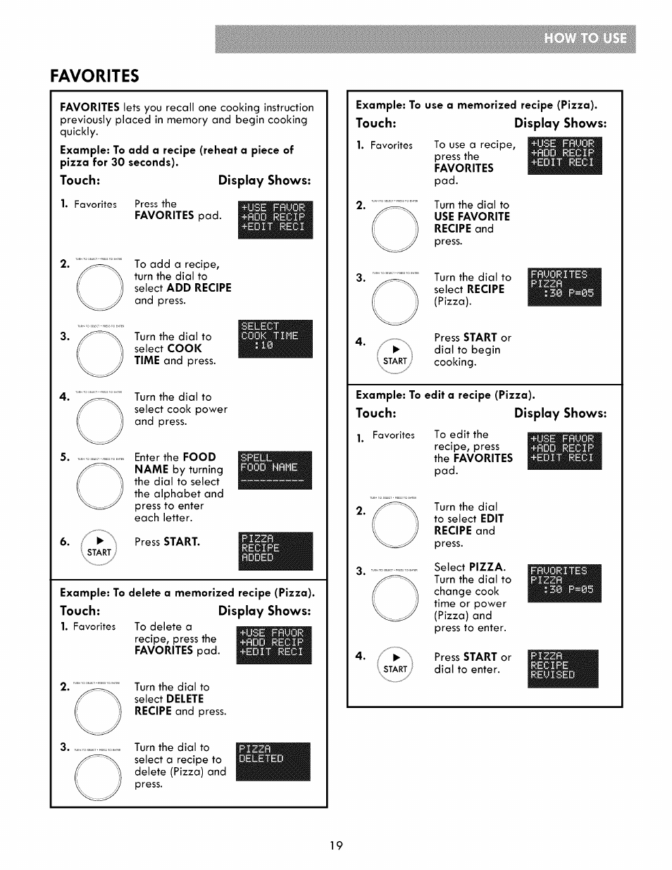 Touch, Display shows, Favorites pad | Press start, Example: to delete a memorized recipe (pizza), Example: to use a memorized recipe (pizza), Example: to edit a recipe (pizza), Favorites | Kenmore ELITE 721.86003 User Manual | Page 19 / 33