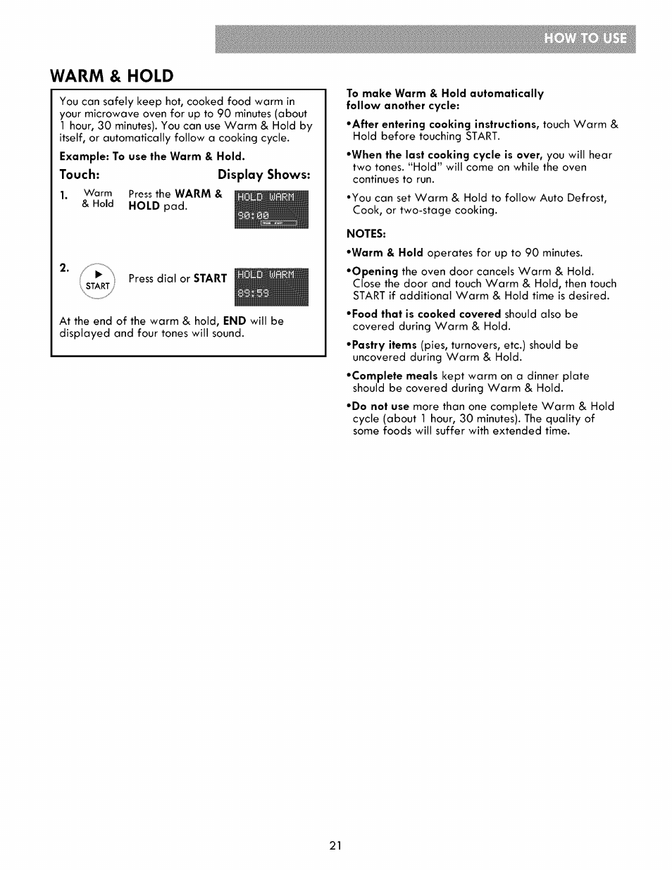 Warm & hold, Touch, Display shows | Kenmore ELITE 721.86003 User Manual | Page 21 / 33