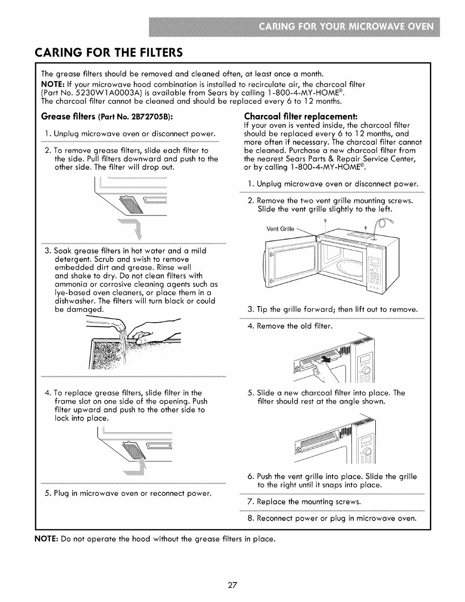 Caring for the filters, Grease filfers (part no. 2b72705b), Charcoal filter replacement | Kenmore ELITE 721.86003 User Manual | Page 27 / 33