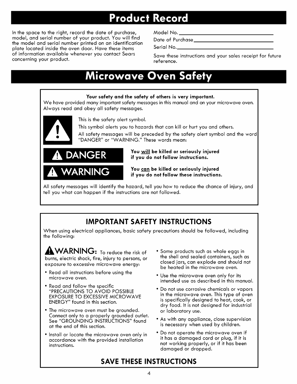 Product record, Microwave oven safety, Important safety instructions | Save these instructions, Microwave oven features, A danger, Warning | Kenmore ELITE 721.86003 User Manual | Page 4 / 33