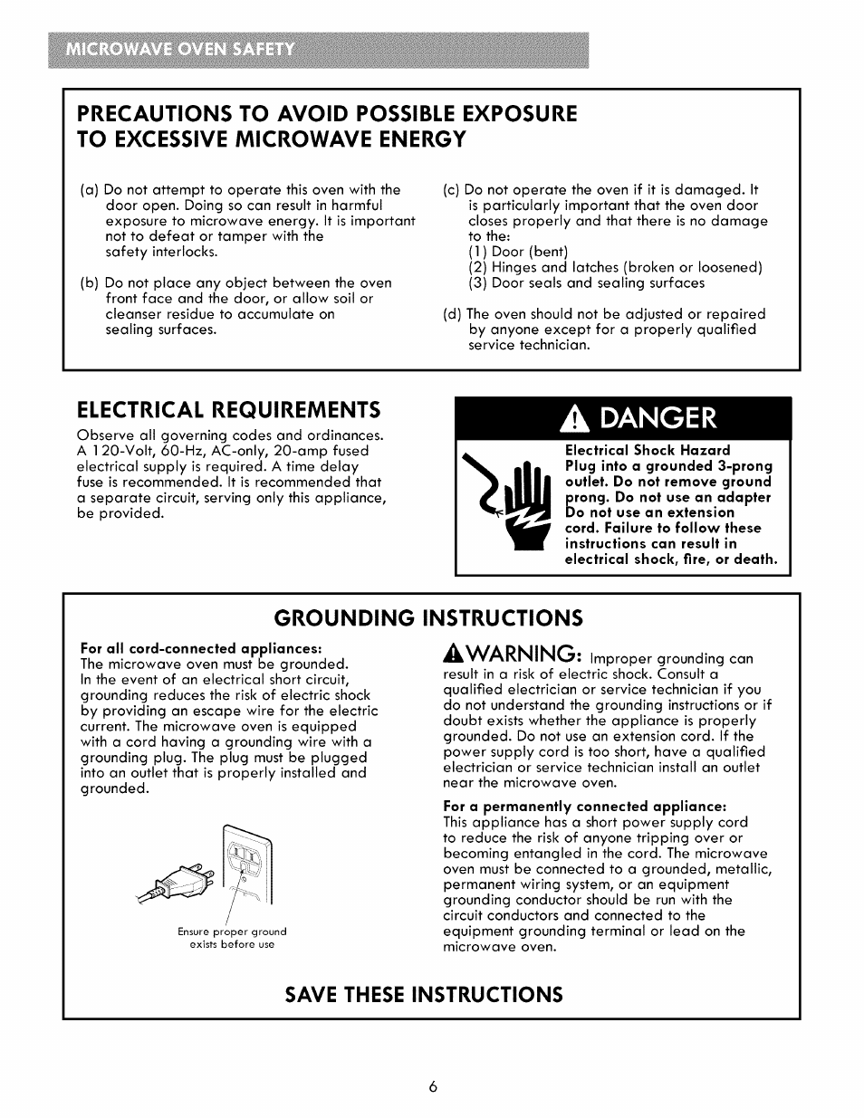 Electrical requirements, Grounding instructions, Save these instructions | A danger, Awarning | Kenmore ELITE 721.86003 User Manual | Page 6 / 33