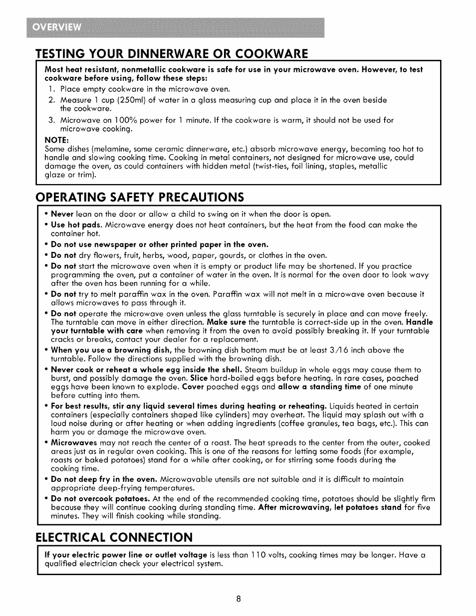 Testing your dinnerware or cookware, Operating safety precautions, Electrical connection | Kenmore ELITE 721.86003 User Manual | Page 8 / 33