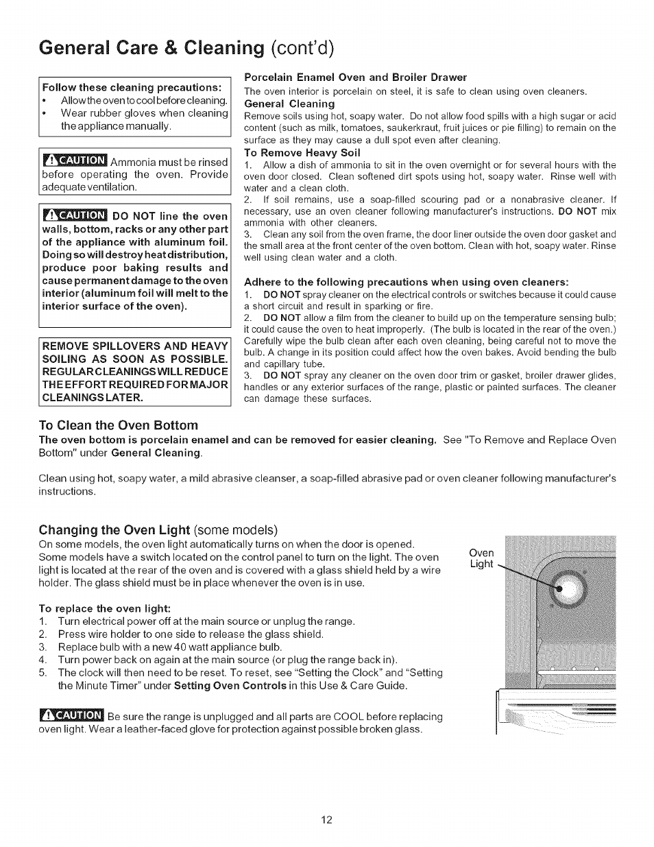 To clean the oven bottom, General care & cleaning (cont’d) | Kenmore 790.7116 User Manual | Page 12 / 16