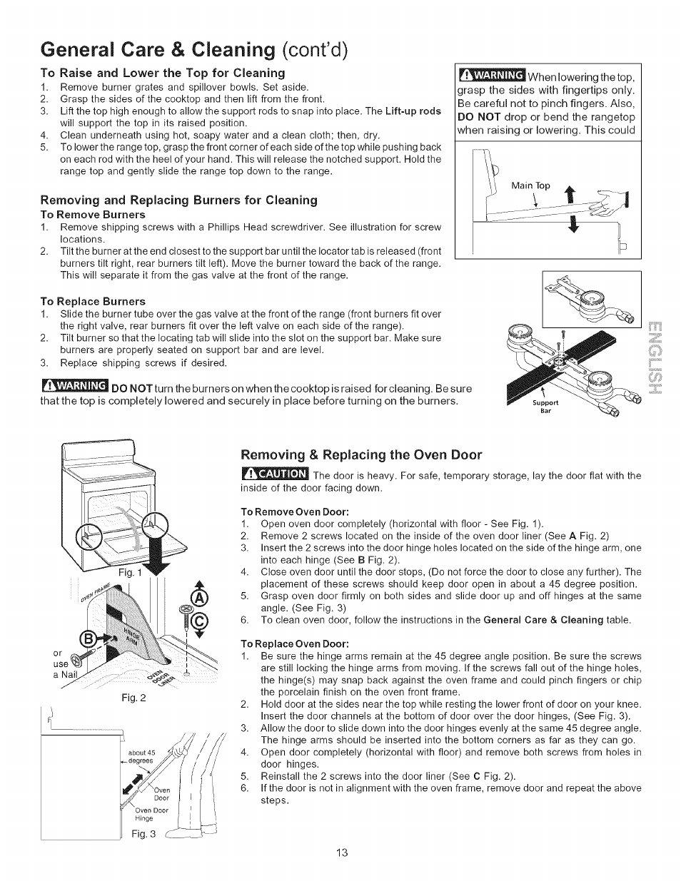 To raise and lower the top for cleaning, Removing and replacing burners for cleaning, Removing & replacing the oven door | General care & cleaning (cont’d) | Kenmore 790.7116 User Manual | Page 13 / 16