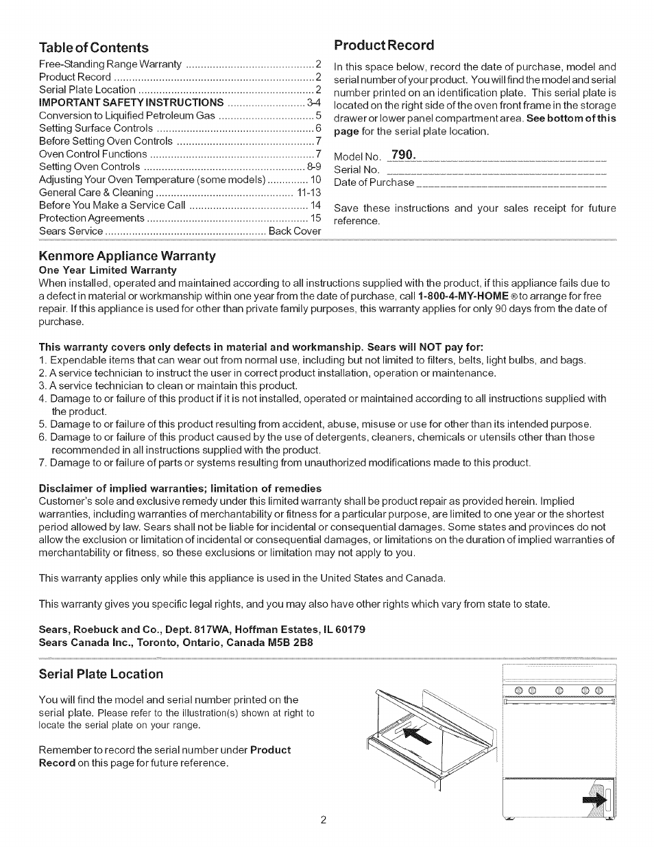 Table of contents product record | Kenmore 790.7116 User Manual | Page 2 / 16