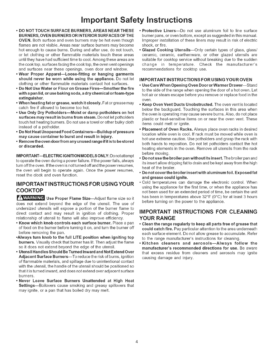 Important instructions for using your cooktop, Important instructions for cleaning your range, Important safety instructions | Kenmore 790.7116 User Manual | Page 4 / 16