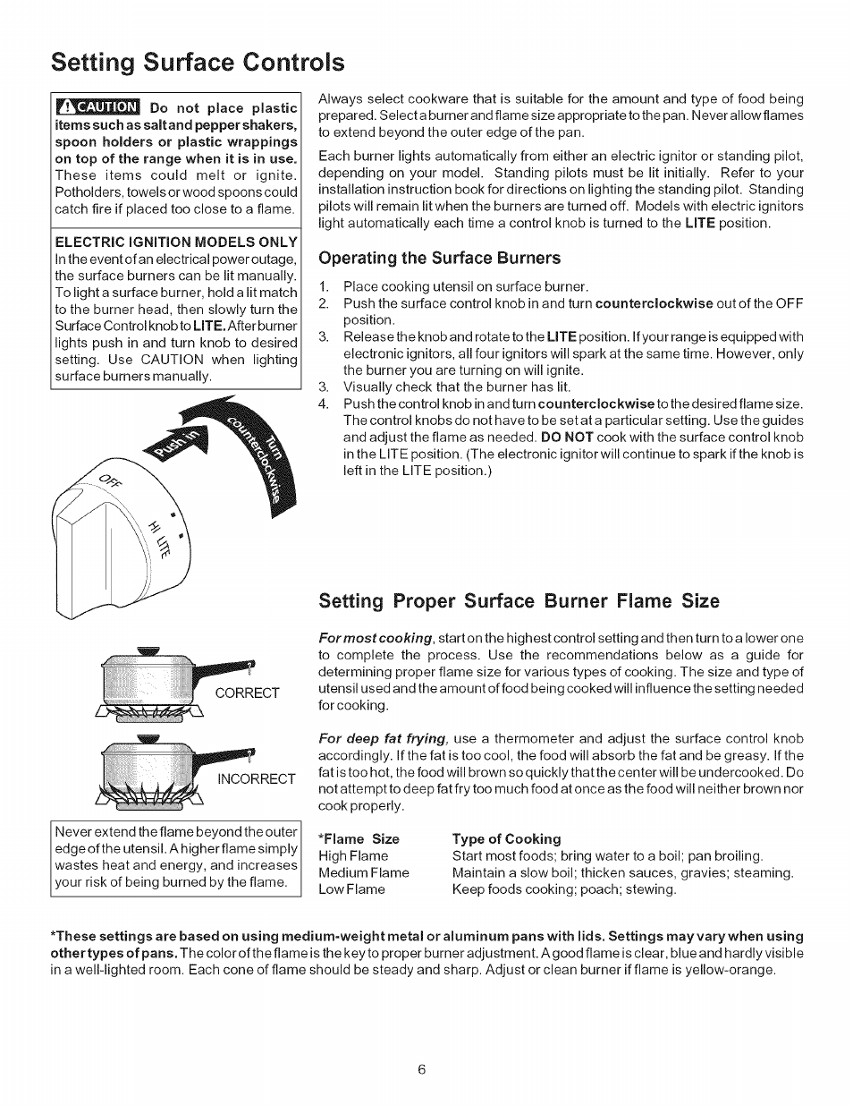 Operating the surface burners, Setting proper surface burner flame size, Setting surface controls | Kenmore 790.7116 User Manual | Page 6 / 16