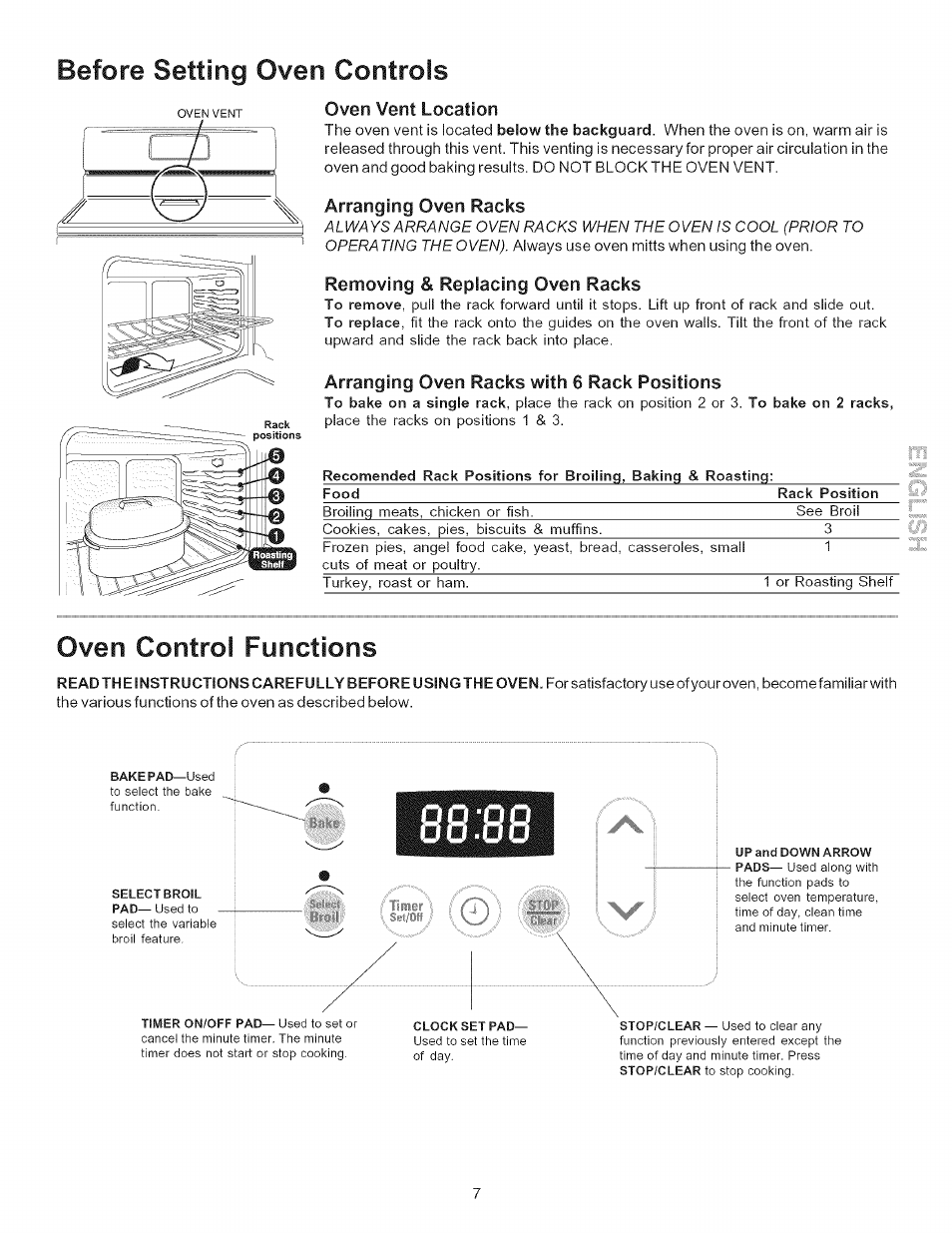 Oven vent location, Arranging oven racks, Removing & replacing oven racks | Arranging oven racks with 6 rack positions, Before setting oven controls, Oven control functions | Kenmore 790.7116 User Manual | Page 7 / 16
