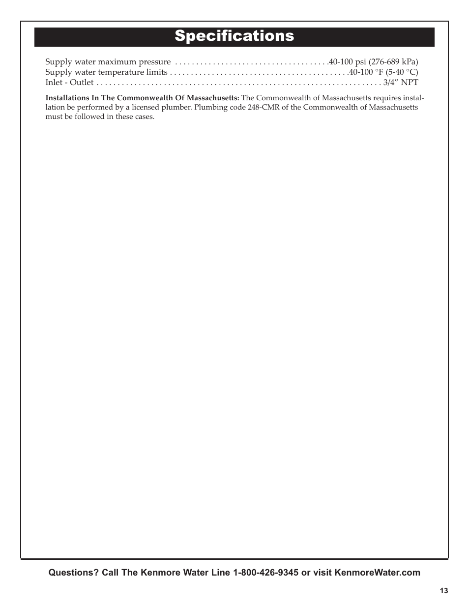 Specifications | Kenmore 625.38445 User Manual | Page 13 / 16