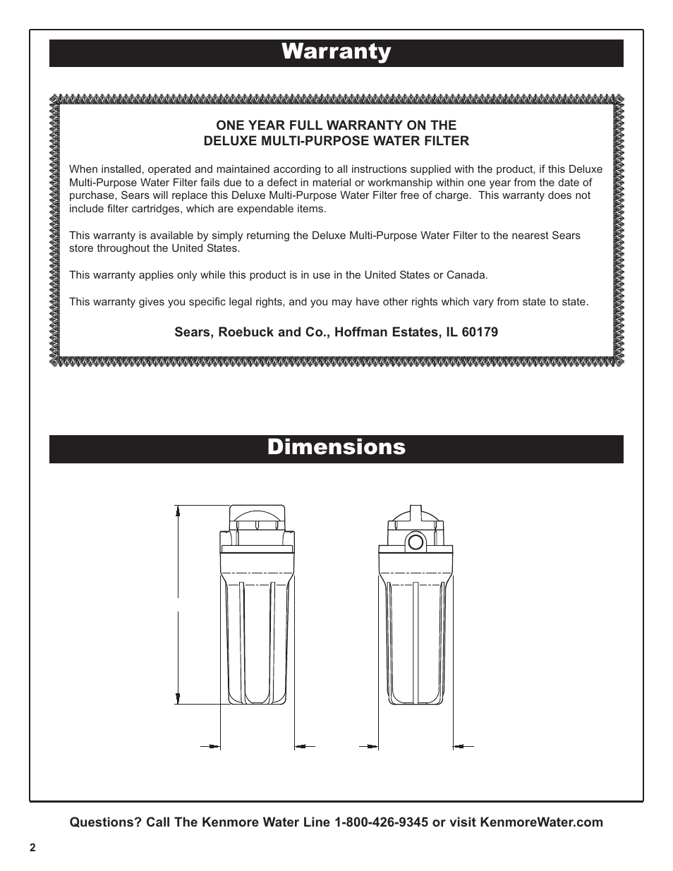 Dimensions warranty | Kenmore 625.38445 User Manual | Page 2 / 16