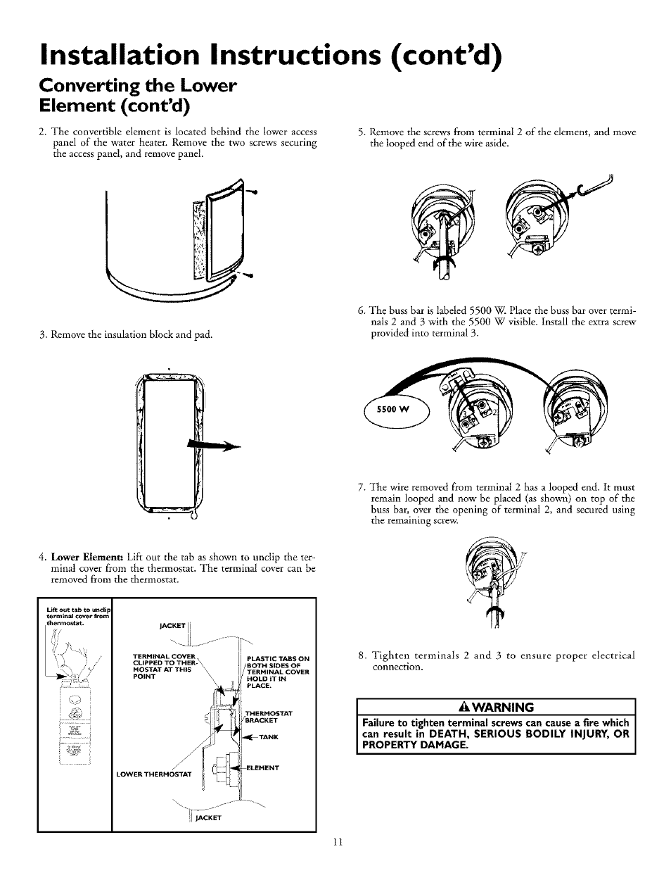 Converting the lower element (cont'd), A warning, Installation instructions (cont’d) | Kenmore POWER MISER 153.32676 User Manual | Page 11 / 32