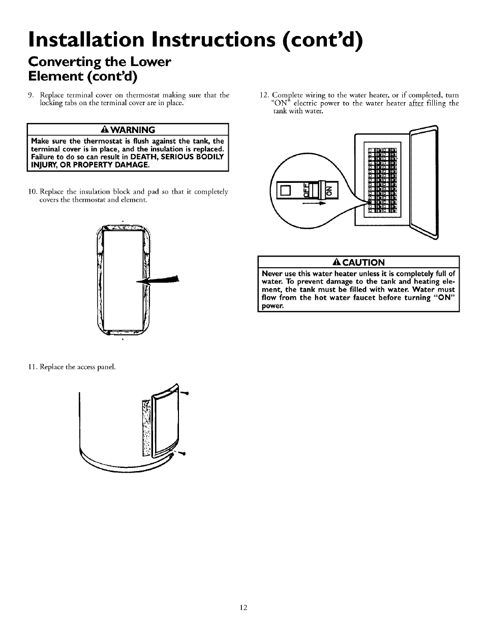 Converting the lower element (cont'd), A warning, A caution | Installation instructions (cont’d) | Kenmore POWER MISER 153.32676 User Manual | Page 12 / 32