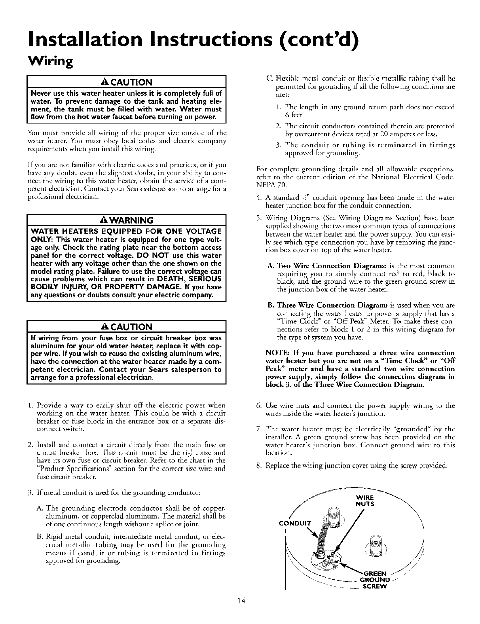 Installation instructions (cont’d), Wiring, A caution | A warning | Kenmore POWER MISER 153.32676 User Manual | Page 14 / 32