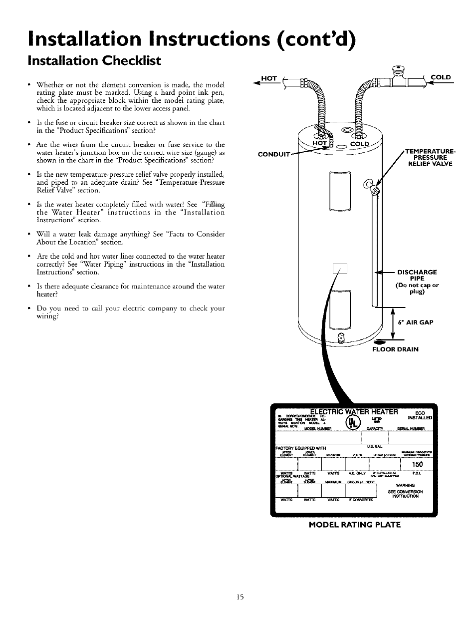 Installation instructions (cont’d), Installation checklist | Kenmore POWER MISER 153.32676 User Manual | Page 15 / 32