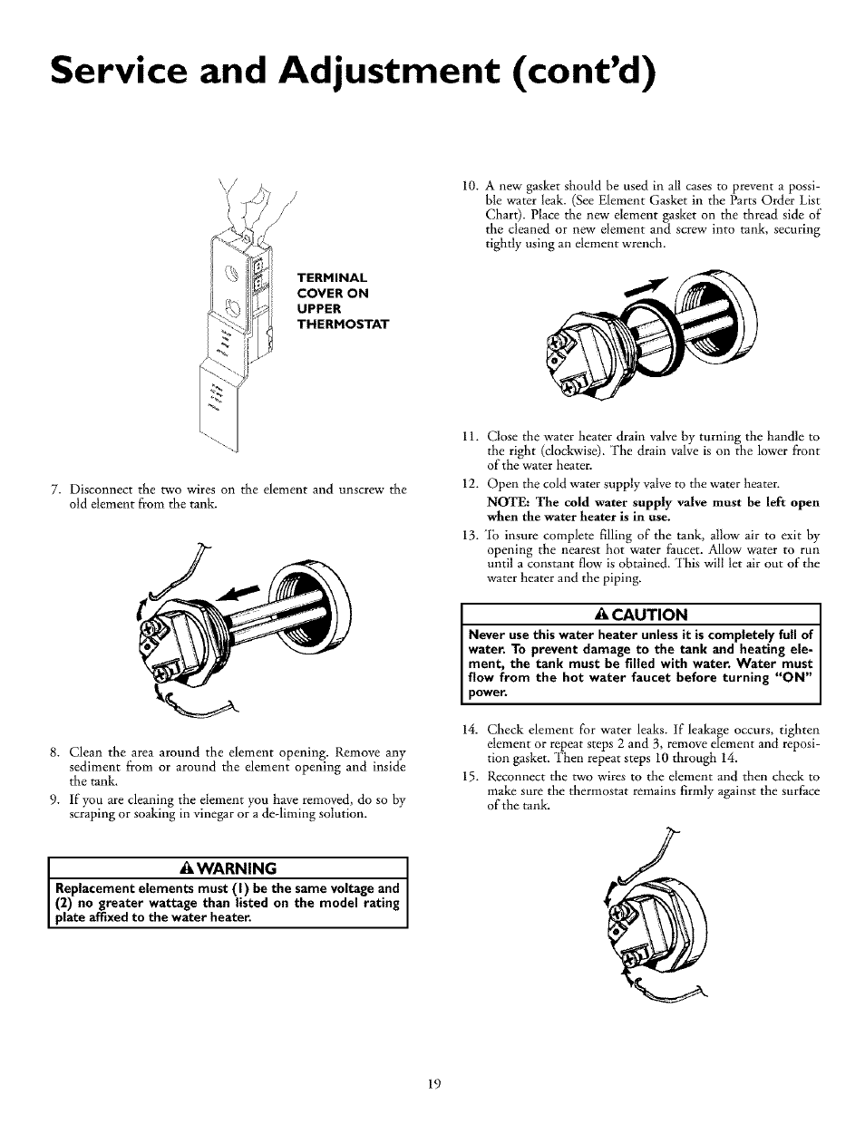 A warning, A caution, Service and adjustment (cont’d) | Kenmore POWER MISER 153.32676 User Manual | Page 19 / 32