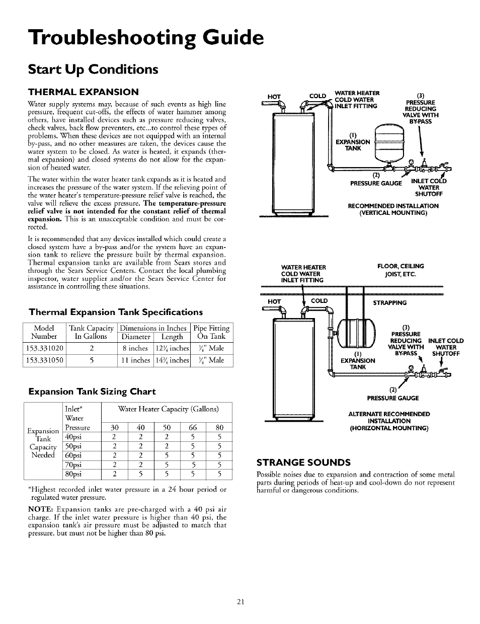 Troubleshooting guide, Start up conditions, Thermal expansion | Thermal expansion tank specifications, Expansion tank sizing chart, Strange sounds, Thermal expansion strange sounds | Kenmore POWER MISER 153.32676 User Manual | Page 21 / 32