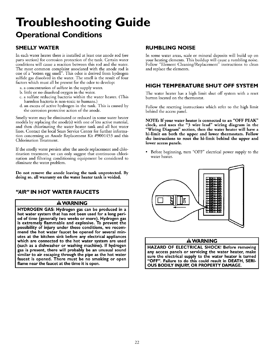 Troubleshooting guide, Operational conditions, Smelly water | Air" in hot water faucets, Rumbling noise, High temperature shut off system, A warning, Operational conditions -23, Air in hot water faucets | Kenmore POWER MISER 153.32676 User Manual | Page 22 / 32