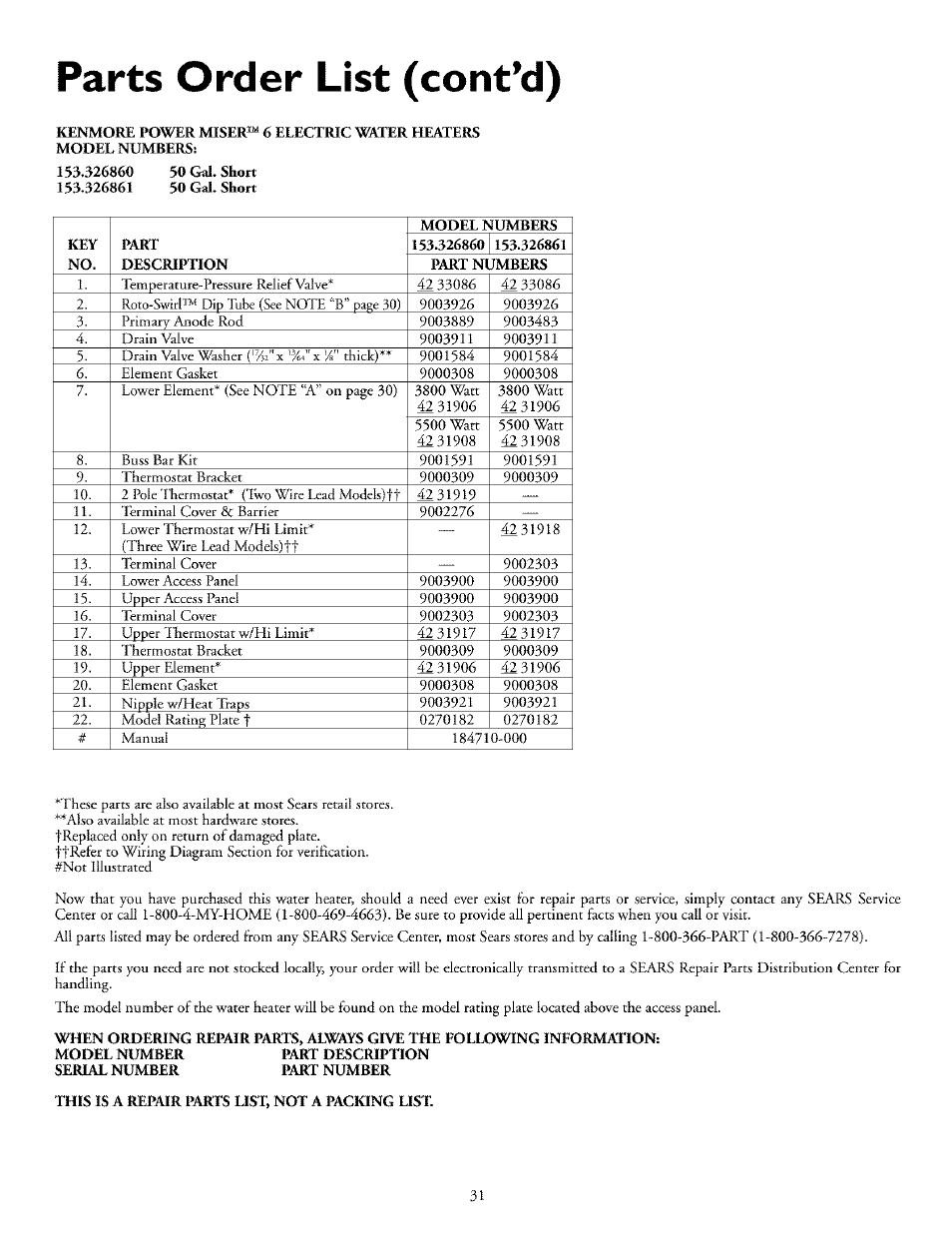 Parts order list (cont’d) | Kenmore POWER MISER 153.32676 User Manual | Page 31 / 32