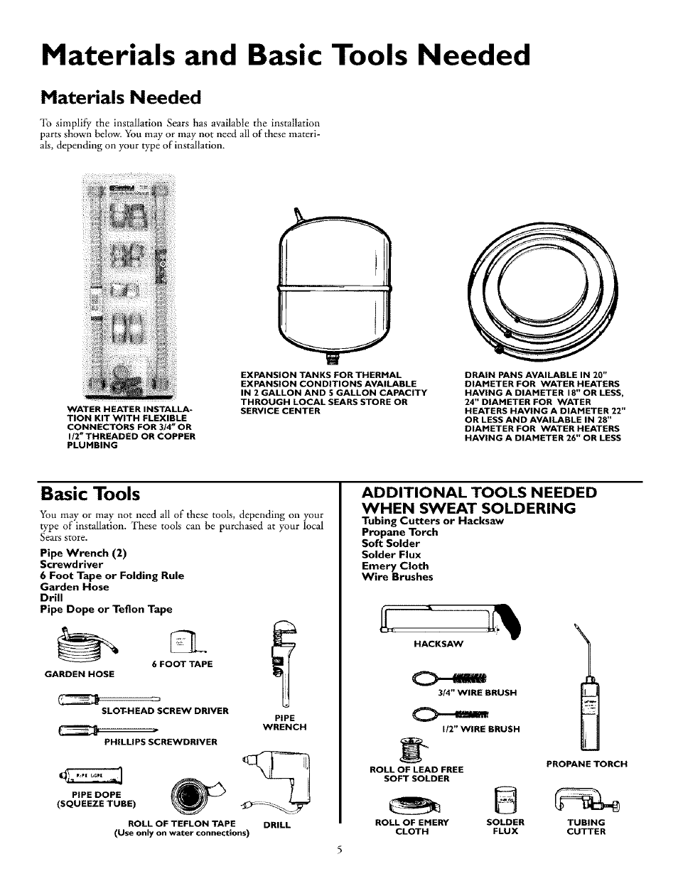 Materials and basic tools needed, Materials needed, Basic tools | Materials needed basic tools, When sweat soldering | Kenmore POWER MISER 153.32676 User Manual | Page 5 / 32