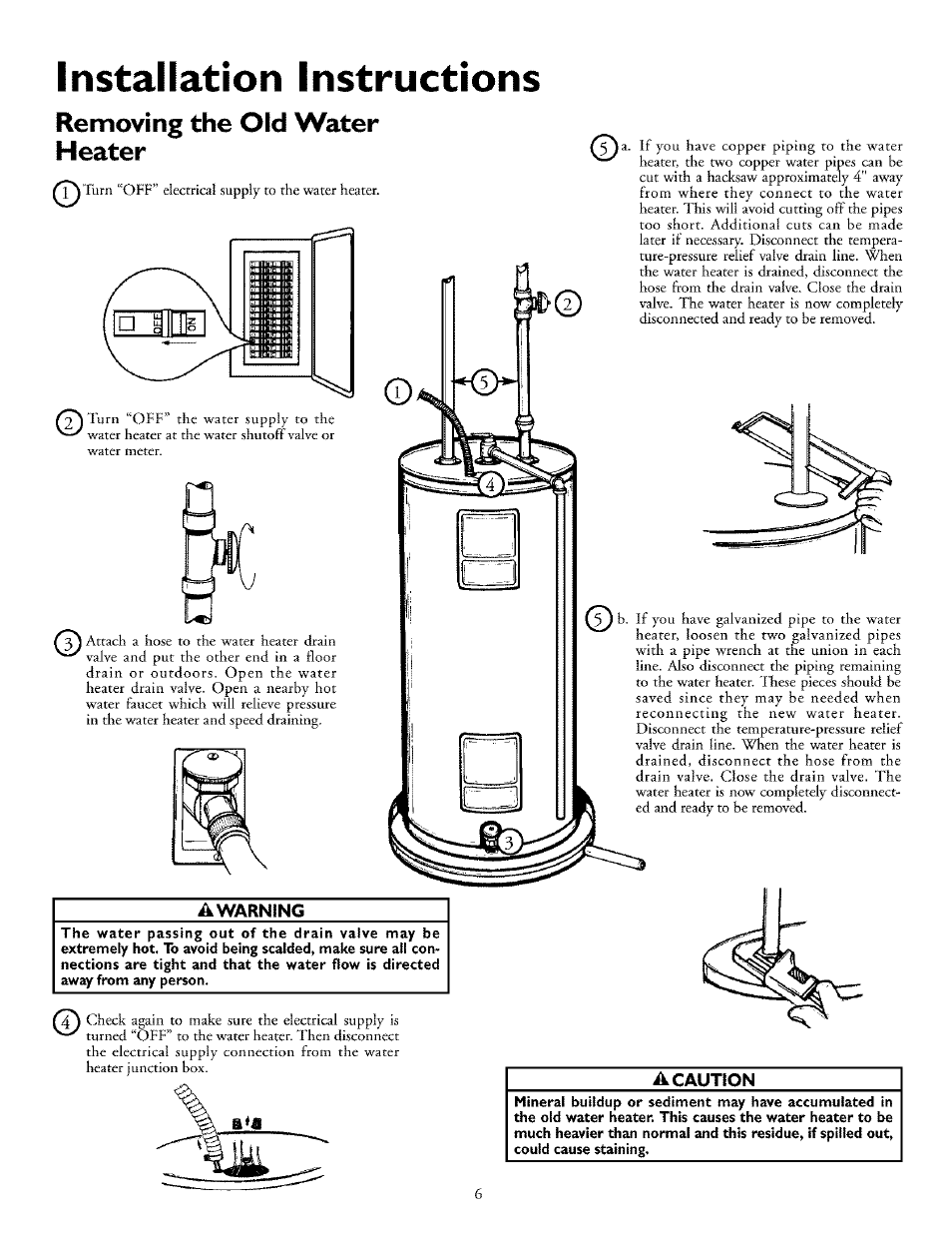 Removing the old water heater, A warning, A caution | Installation instructions | Kenmore POWER MISER 153.32676 User Manual | Page 6 / 32